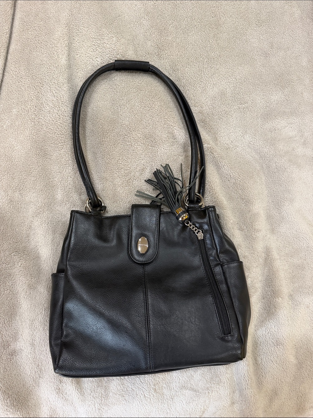 Black Leather Tote Handbag with Tassel Accent